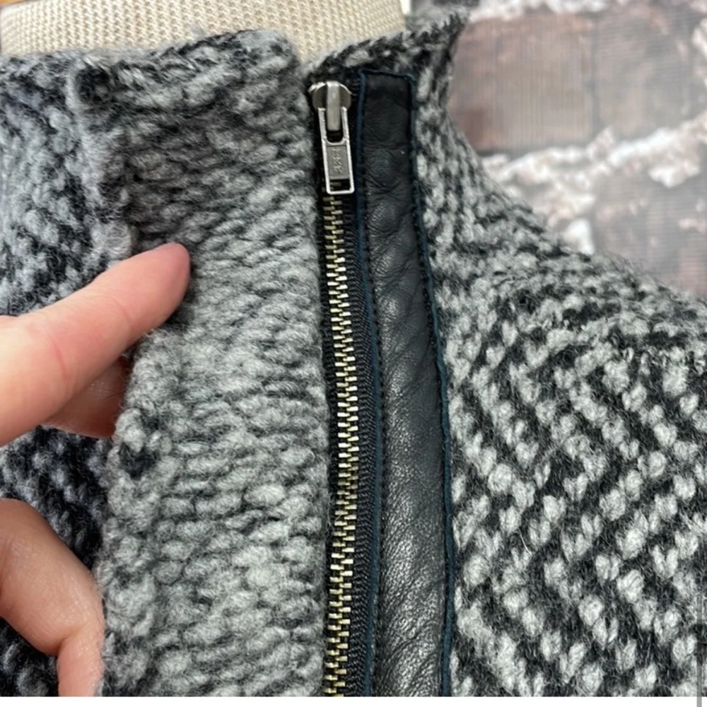 Eileen Fisher Jacket Leather Trim Organic Wool Alpaca Gray Chevron Size Medium - Picture 3 of 6